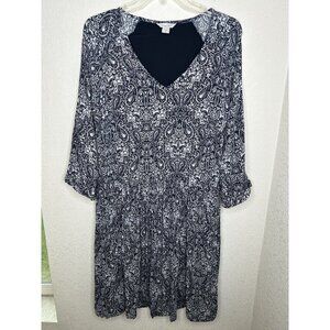 Garnet Hill Dress 12 Navy Blue Floral Pockets 3/4 Sleeve Dress Navy Blue Paisley